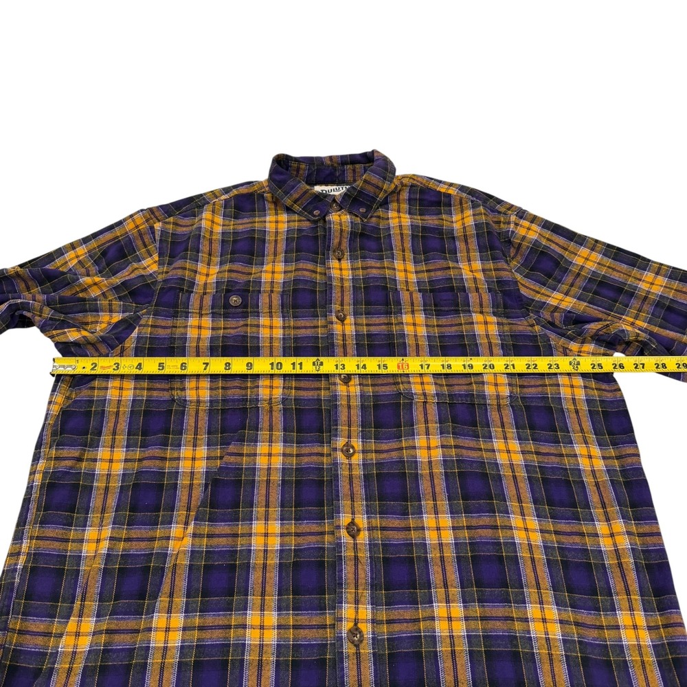 Duluth Trading Men L Tall Relaxed Fit Flannel Shirt Purple Yellow Plaid Cotton - Picture 6 of 7